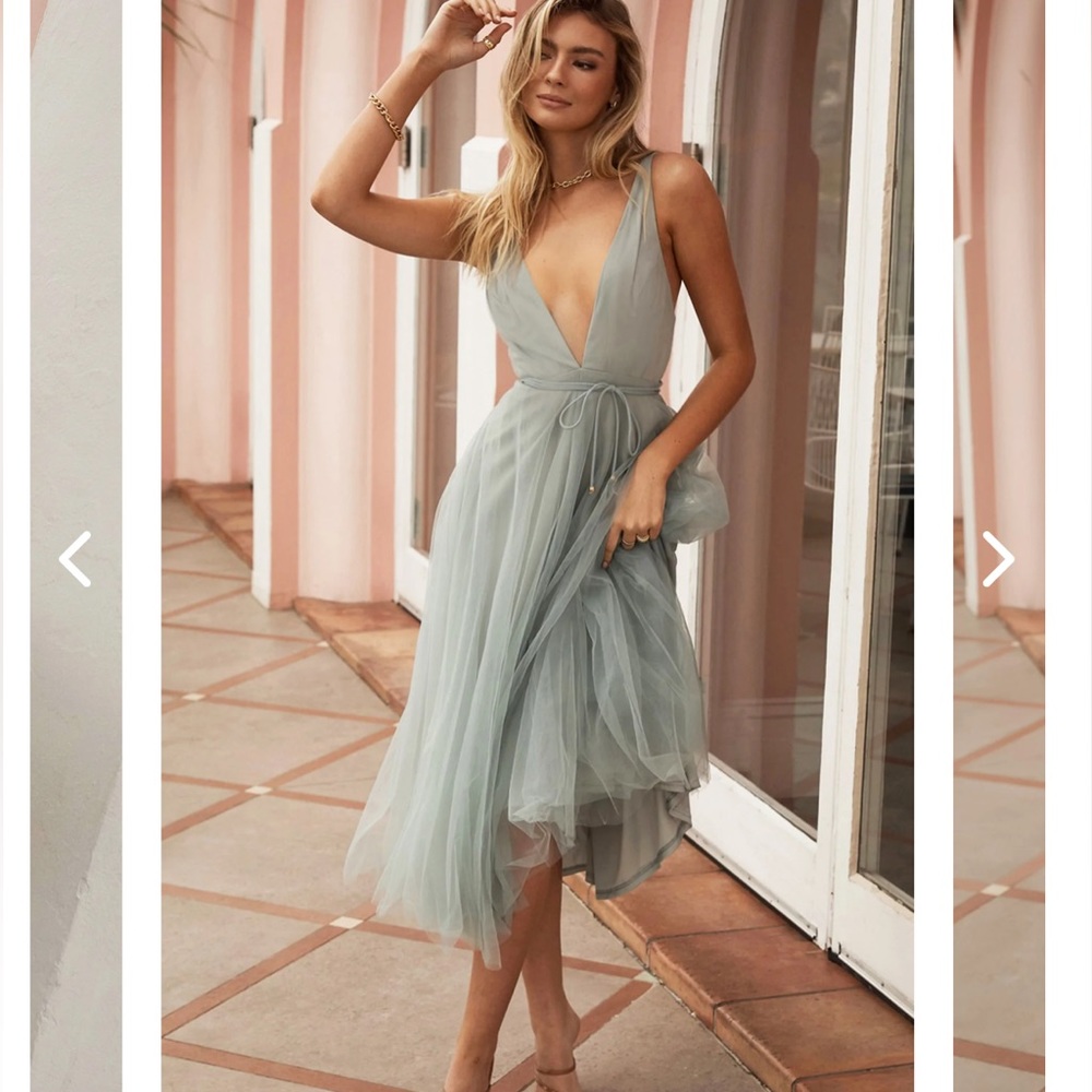 Floating by plunging neckline mesh overlay midi dress sage- size small